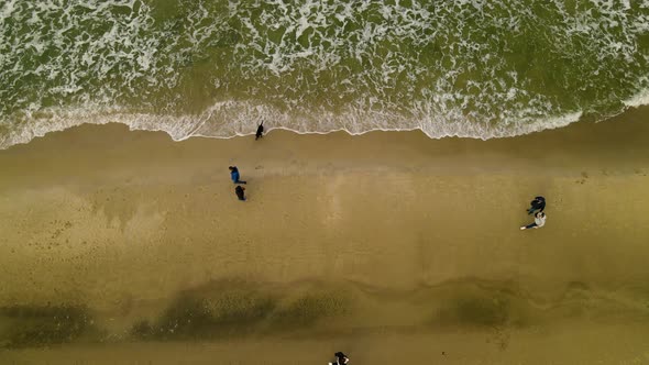 Birdseye Overhead of Couples, Husband & Wife, Boyfriend & Girlfriend Strolling Along Beach on Cold G alt