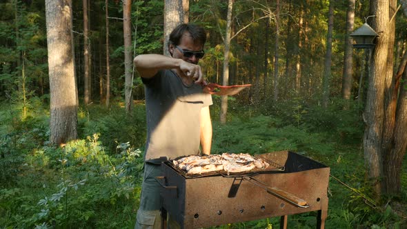Man Prepares Grilled Meat, Cooking Summer Bbq Grill Steak