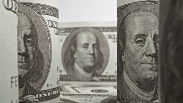 American one hundred dollar paper banknote in close up macro view dolly shot. alt