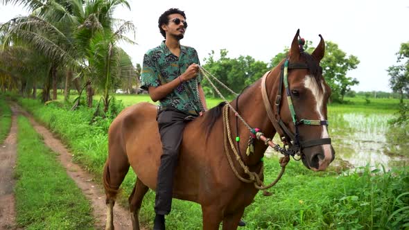 Young handsome man with brown horse. man riding horse alt