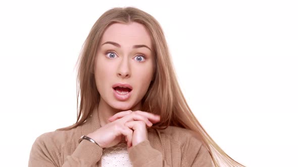 Young Charming Caucasian Female Posing on Camera Making Faces Smiling Laughing Waving Hands Flirting alt