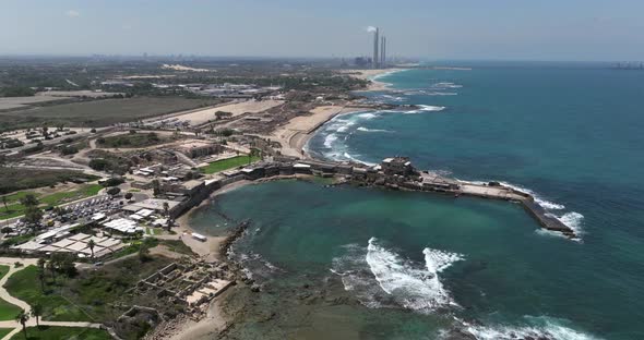 Caesarea ancient port, built by Herod the great, Aerial view. alt