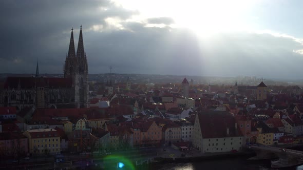 Beautiful drone video above downtown of bavarian Regensburg alt