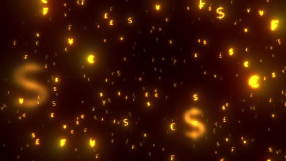 Money Dollar, Euro, Franc, Yen Fly Towards Camera and Glow on Black Background alt