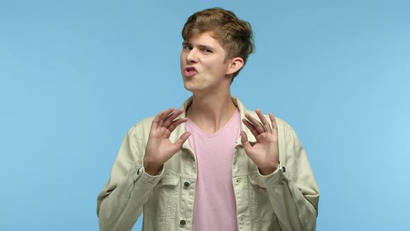 Slow Motion of Caucasian Guy Saying No Strongly Disagree Showing Cut It Out with Hand Near Throat alt