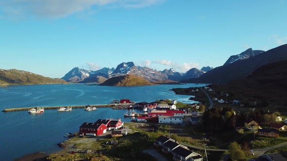 Traditional Norwegian fisherman's cabins, rorbuer, on the Lofoten islands. Summer of Norway. alt