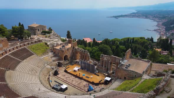 Aerial view of Ruins of the Greek Roman Theater of Taormina
