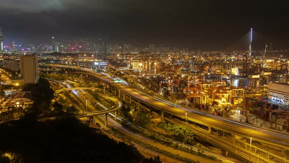 Timelapse Hong Kong Harbor with Cranes in Container Terminal alt
