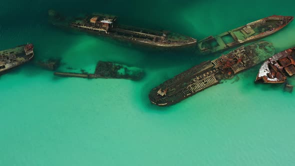 Shipwreck artificial reef, panoramic clear water, Queensland Australia , High drone fly over, Moreto alt