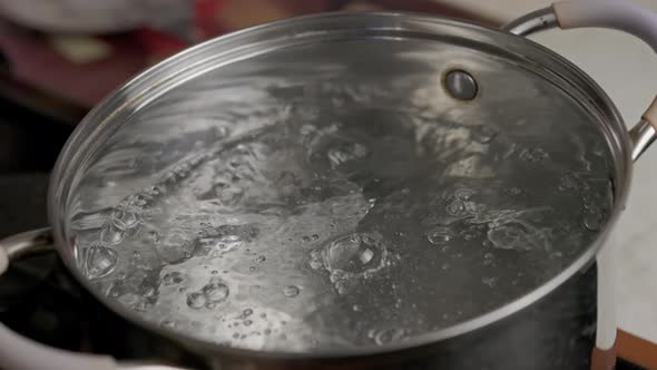 Clean Transparent Hot Water Boiling in Stainless Steel Pot  Slomo Closeup alt