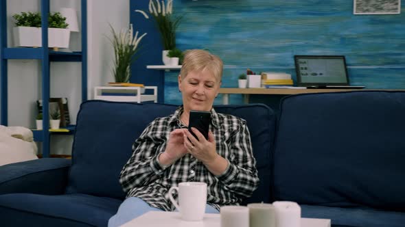 Happy Middle Aged Mature Woman Enjoying Using Mobile Apps Texting alt