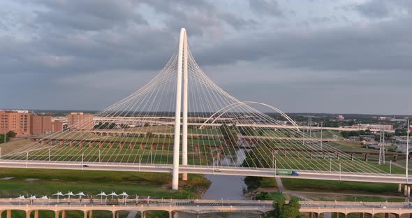 Drone view of the Margaret Hunt Hill Bridge in Dallas, Texas alt
