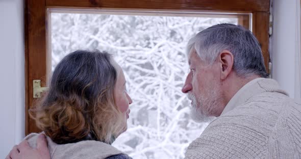 Two Elderly Couples at the Window Chatting Animatedly and Looking Outside During Voluntary alt