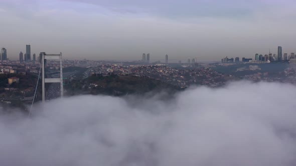 aerial video of Fatih Sultan Mehmet Bridge on a foggy day in Istanbul, Turkey. 2rd Bosphorus 03 alt