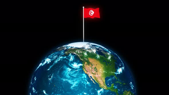 3d Rotated Planet Earth On Flying Tunisia Flag Animation alt