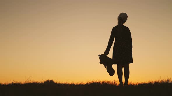 Little Girl in Dress Holding Teddy Bear Toy at Sunset. Silhouette of a Child with a Toy. Concept of alt