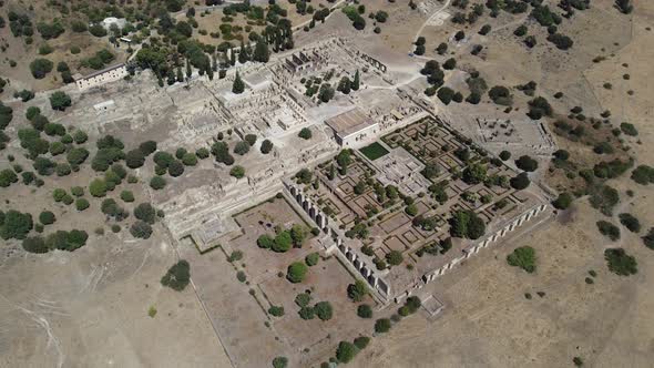 Aerial drone view of the Caliphate City of Medina Azahara in Cordoba. Archaeological site