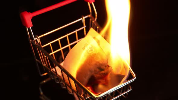 Russian Money Burns in a Trolley From the Supermarket on a Black Background