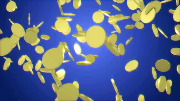 3D gold coins fall down on blue background