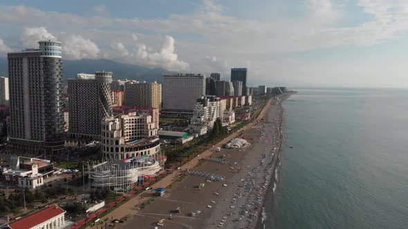 Drone flies along new Batumi boulevard.Georgia alt