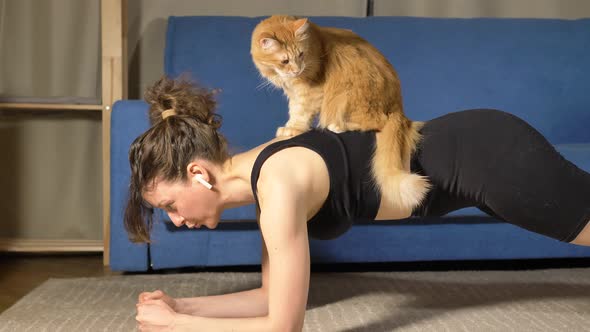 Strong Woman Does Plank Exercise While Red Cat Sits on Back alt