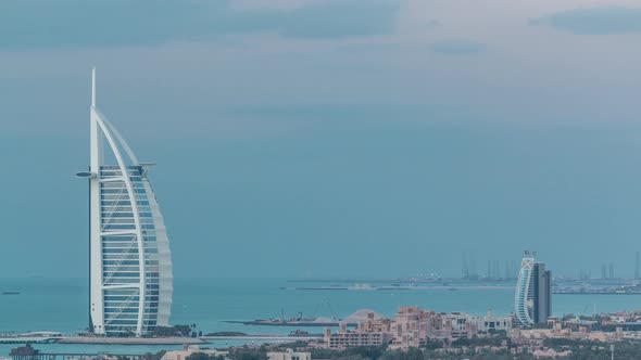 Aerial View of Burj Al Arab Hotel From Internet City Day to Night Timelapse alt