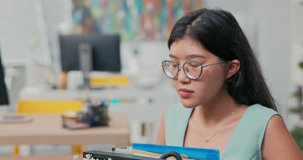 Sad Disillusioned Disappointed Young Women with Glasses with Sorrow Leaves Her Job in the Company alt