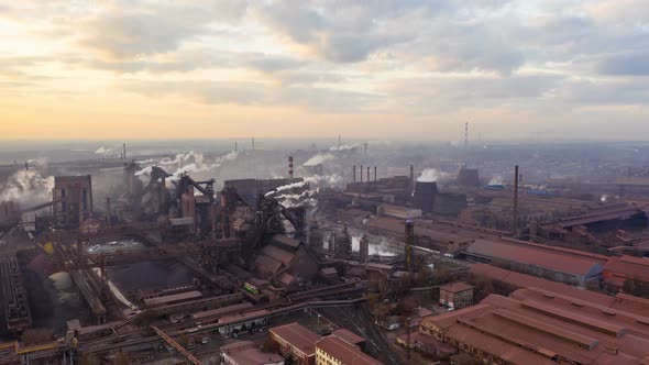 Aerial Hyperlapse Time Lapse, Steel Factory Pipes During Sunrise Time