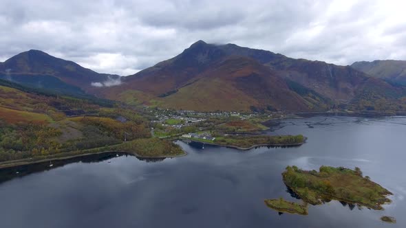 Aerial drone view of Loch Leven in Scotland on a moody day