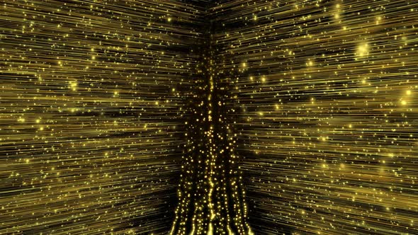 Golden Background With Flying Shiny Particles And Lines