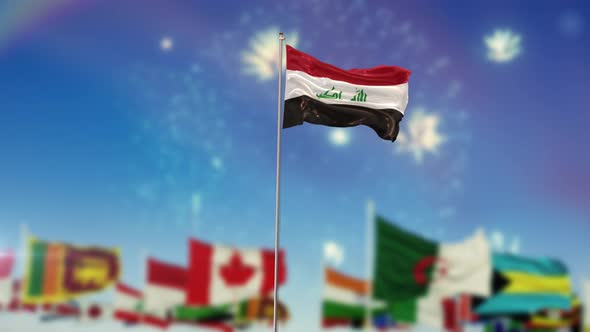Iraq Flag With World Globe Flags And Fireworks  alt