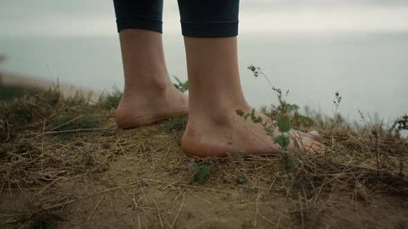 Barefoot Unknown Woman Standing Beach Hill Close Up alt