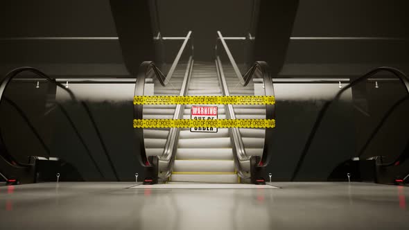 Broken escalator with caution yellow tape. Camera zooming in on a warning sign. alt
