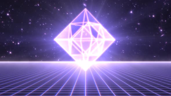 Futuristic Synthwave Neon Geometric 3D Shape Floating Over 80s Grid - 4K alt