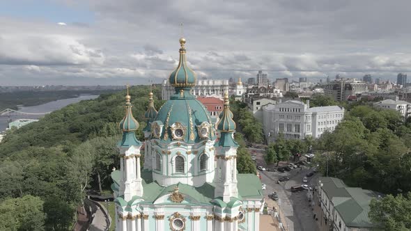 Kyiv. Ukraine. St. Andrew's Church. Aerial. Flat, Gray alt