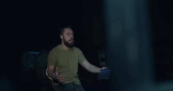 The Actor Rehearses a Dramatic Role on the Stage of the Theater alt