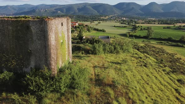 Aerial View of Medieval Tower in Lomana Village, Burgos Province, Castilla y Leon, Spain.  alt