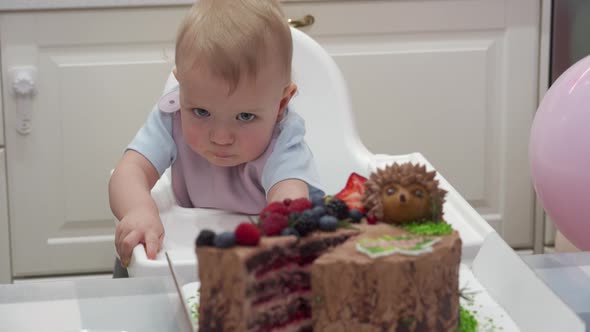 Baby Celebrate First Birthday Holiday Mother Cuts Pieces of Birthday Cake One Year Old Kid Against alt
