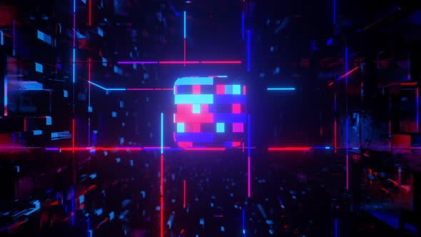 3d Object or Structure Rotates and Moves Inside Glass Mirror Tunnel with Neon Light Bright alt