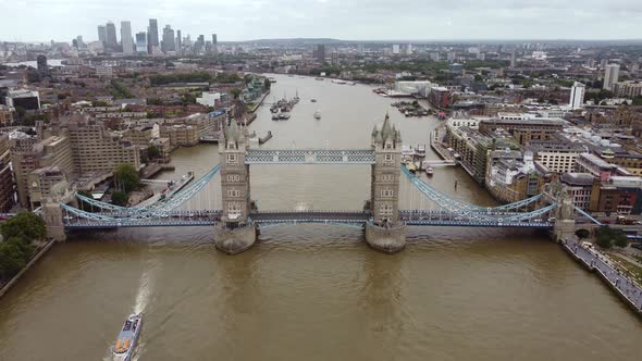 Tower Bridge Overcast Establishing Aerial View of London Uk alt