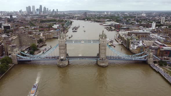 Tower Bridge Overcast Establishing Aerial View of London Uk