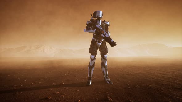 Futuristic Soldier in Desert at Sandstorm