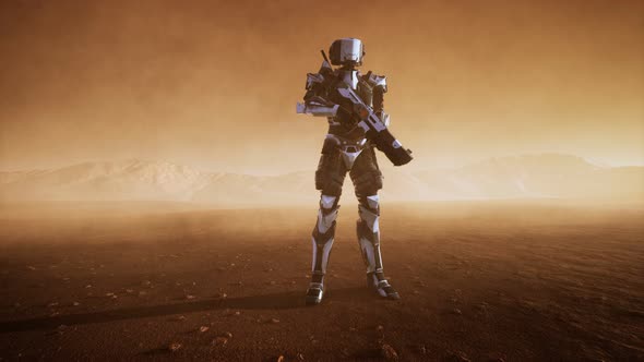Futuristic Soldier in Desert at Sandstorm alt