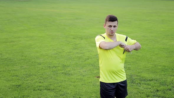 Soccer referee showing penalty and yellow card. Concept of sport, rules violation, offside. alt