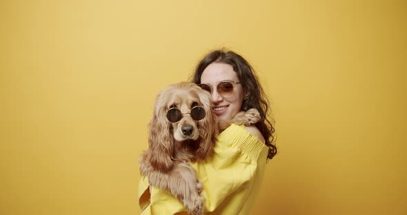English Cocker Spaniel with a Hat and Sunglasses Posing with a Woman in Studio alt