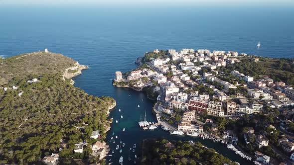 Aerial: The bay of Cala Figuera in Mallorca, Spain alt