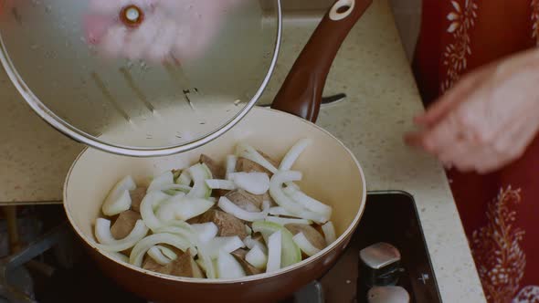 A Housewife Stirs with a Spoon the Onions and Liver Fried in a Frying Pan