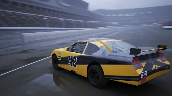 High speed racing car driving and drifting around racing track. Fixed camera. 4k alt