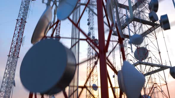 Top of Radio mast supporting antennas. Tall structure for telecommunications. alt