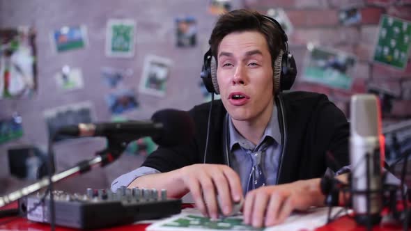 Sport Event Commentator or Radio Dj Is Falling Asleep on the Air. Studio TV Show alt